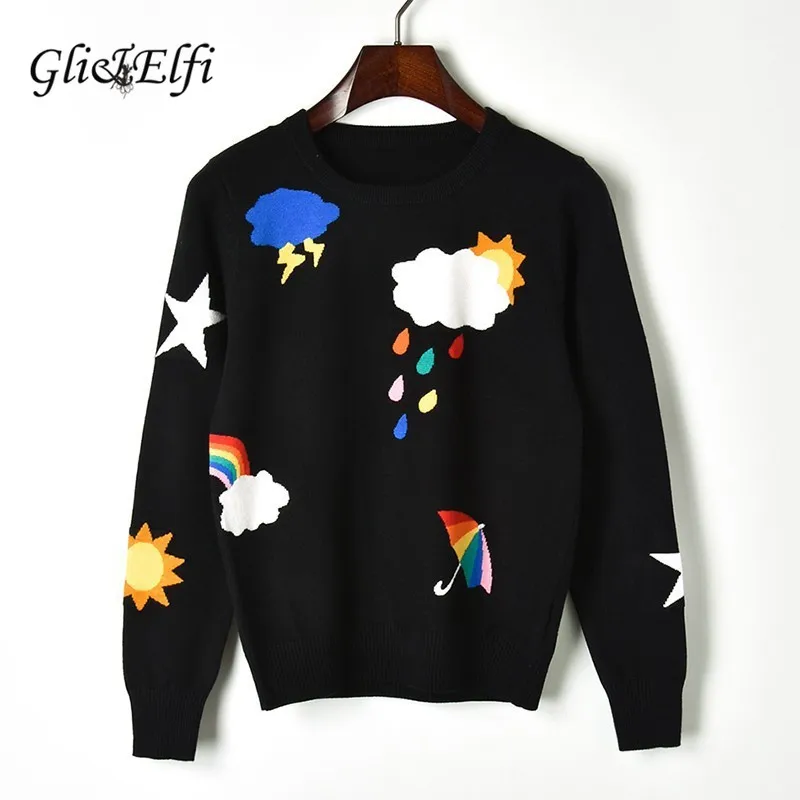 

Women Sweater Rainbow Sun Weather Cartoon Jacquard 2018 Autumn Winter Casual Sweet Lady Star Pattern Knitted Top Jumper Pullover