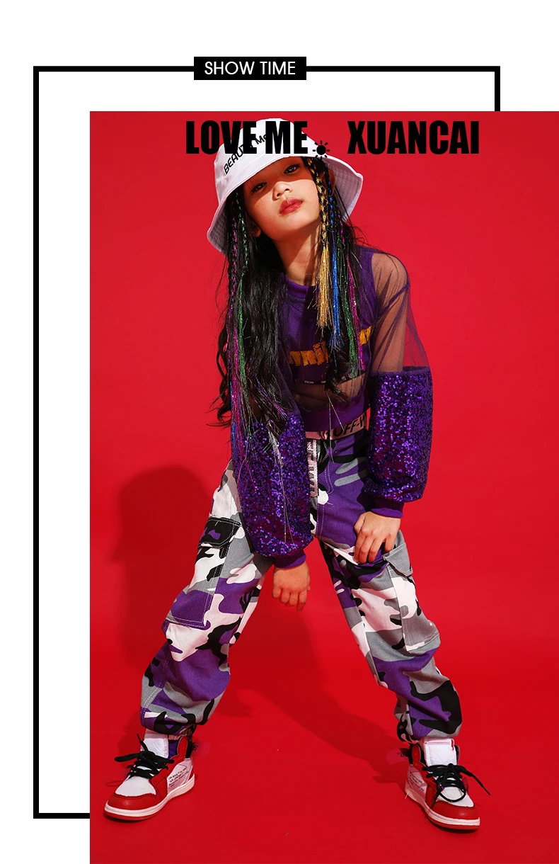 Детский костюм для джазовых танцев, фиолетовый танцевальный топ для девочек, камуфляжные штаны, одежда для выступлений в стиле хип-хоп, одежда для занятий уличными танцами