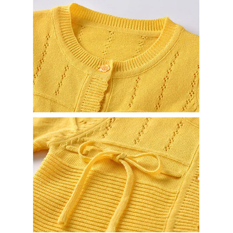 Bowknot Tie Baby Girl Sweater Kids Hollow Out Pullover Coat Solid Color Button Closure Cardigan High Quality Cotton Blend Toddler Child Outfit (5)