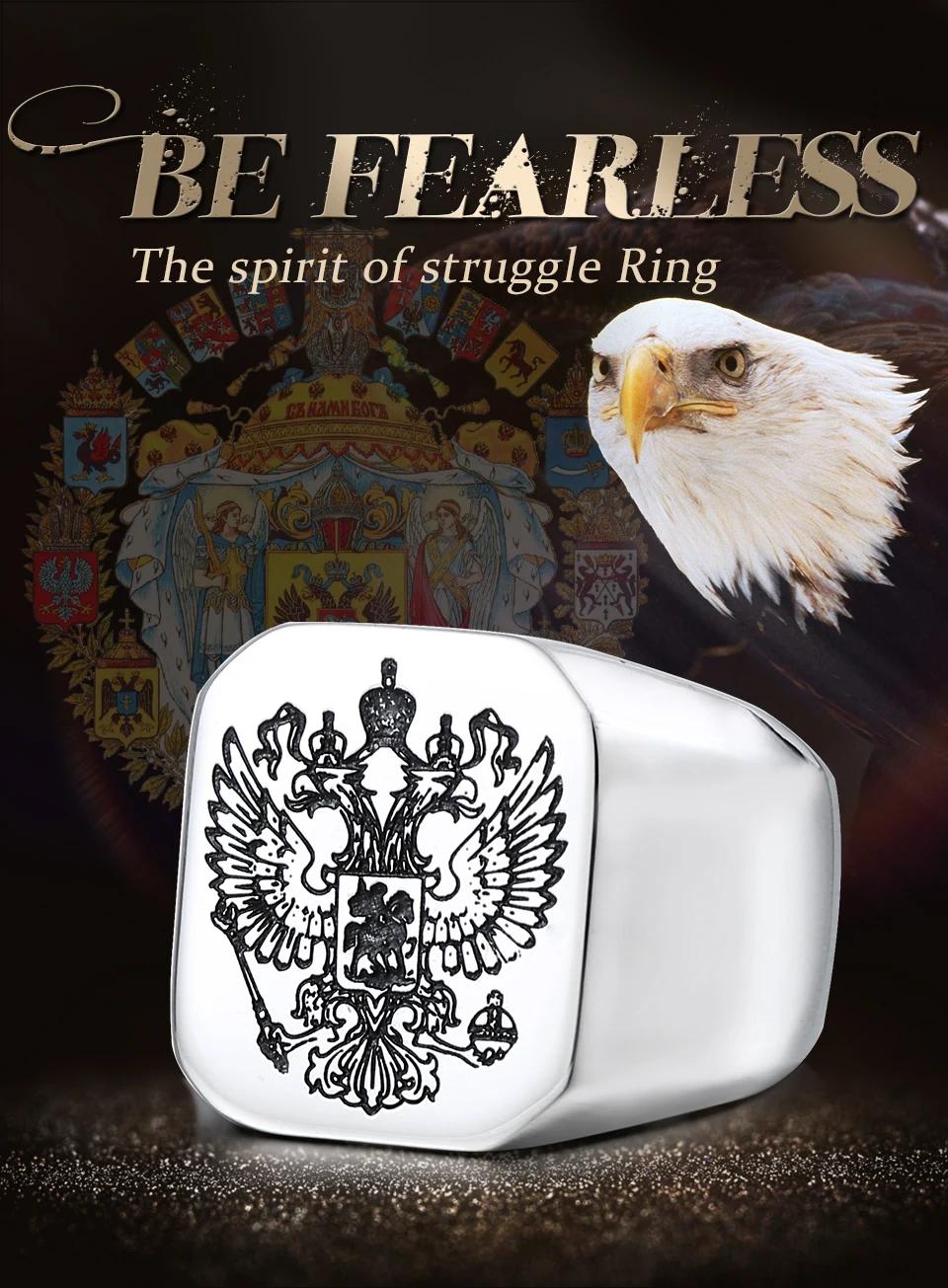 Двойной орел эмблема русская нержавеющая сталь Гравировка Ювелирные изделия для мужчин Мода Высокое качество герб перстень Байкер кольцо