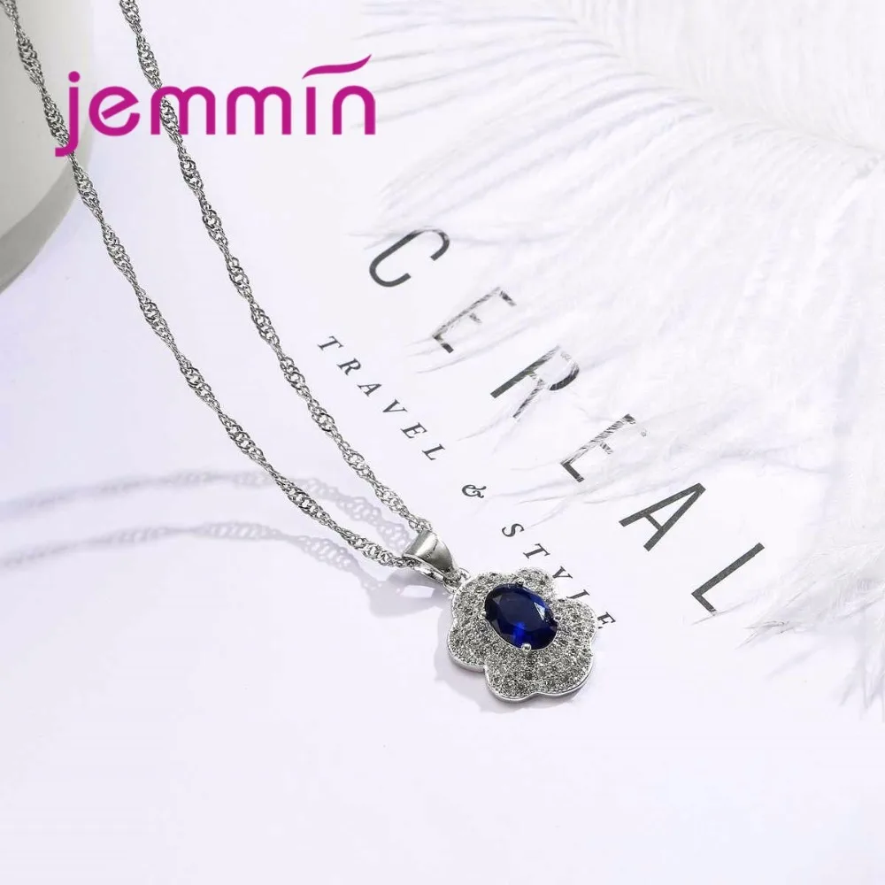 Jemmin 925 Sterling Silver Jewelry Blue Oval Sapphire White CZ Jewelry Sets For Women Wedding Earrings/Pendant/Necklace Set - Image 6
