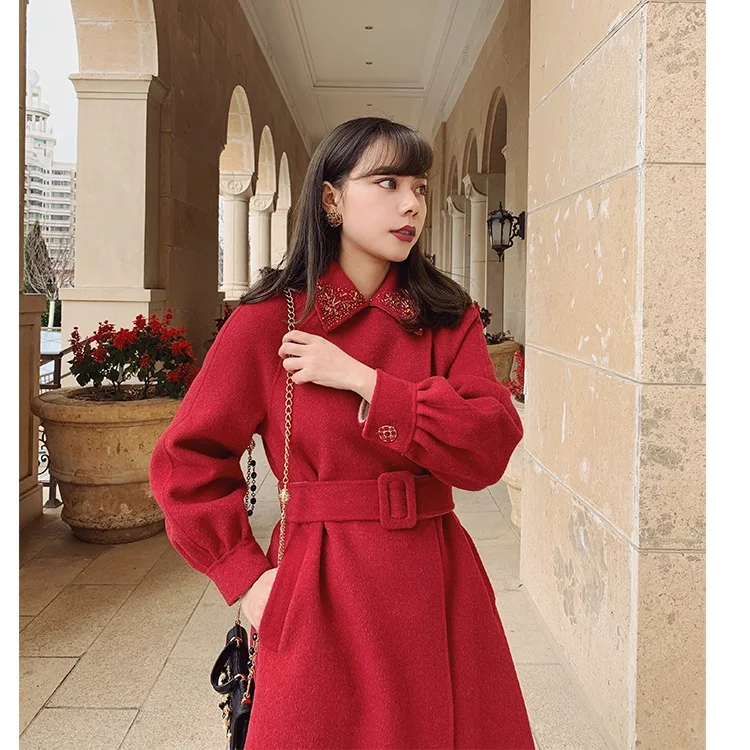 

LYNETTE'S CHINOISERIE Autumn Winter Women High Quality Handmade Beading Sicily Elegant Chirstmas Red Wool Overcoats Outerwear