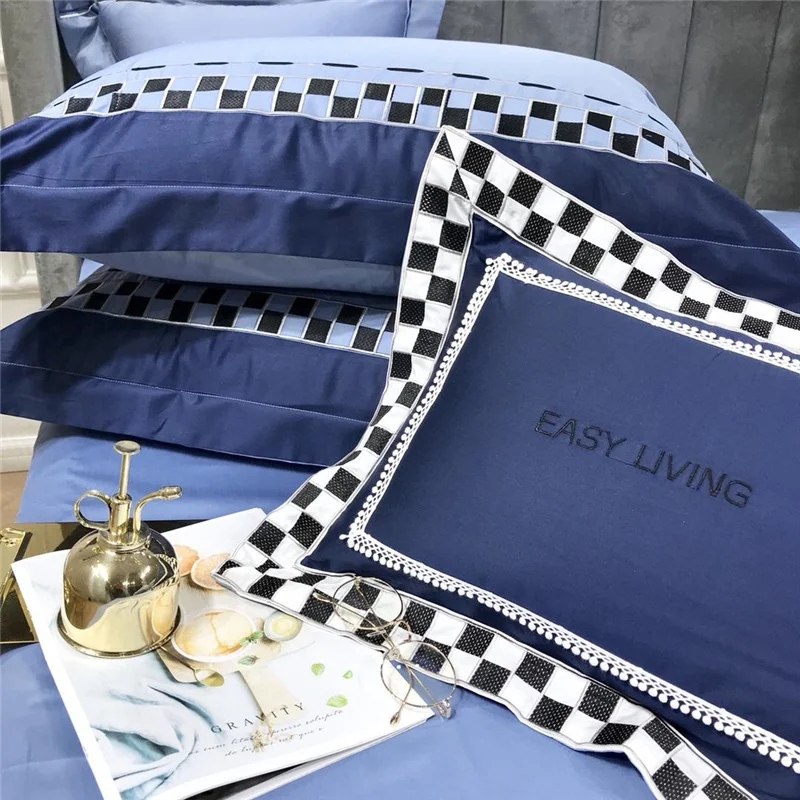 Waliicorners Luxury Egypt Cotton white and black check Bedding Set Embroidery Duvet Cover Bed Sheet Pillowcases 16 1554870058_1354070637_4