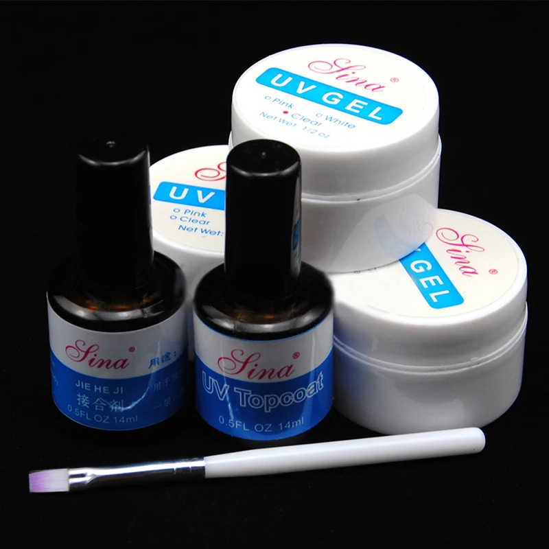 Mayitr 6pcs Professional Clear White Pink UV Gel Nail Kit High Quality Primer Topcoat Nail Art Brush Kit Set