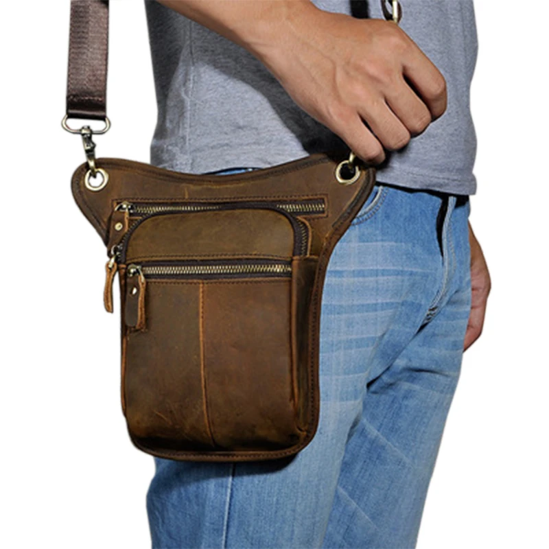 

The First Layer Of Oil Wax Leather Men's 8 Inch Leg Bag Retro Fashion Casual Leather Pockets Two Zipper Messenger Bag