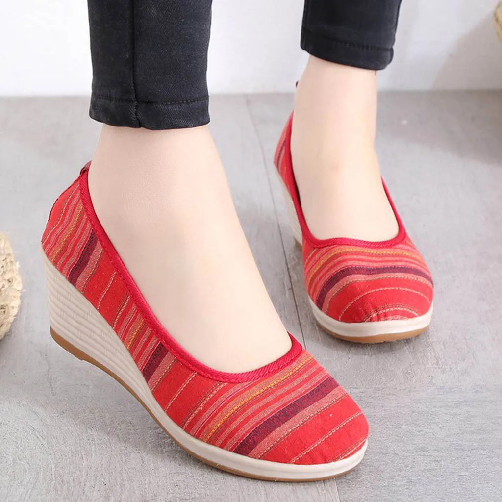 

Casual Fashion Women's shoes Spring Female Girls Round Toe Single Ethnic Style Wedges Striped Casual Shoes zapatos de mujer