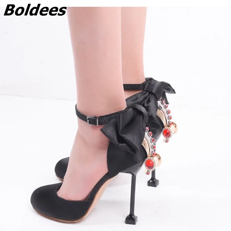 

Boldees Pink Black Suede Silk Crystal Women Round Toe Ankle Wrap Sandals Diamond Fashion Bridal Shoes Bowtie High Heels Pumps Sh
