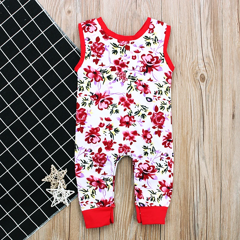 New Cute Summer Red Clothes Newborn Infant Baby Girl Rompers Flower Printed Sleeveless Vest