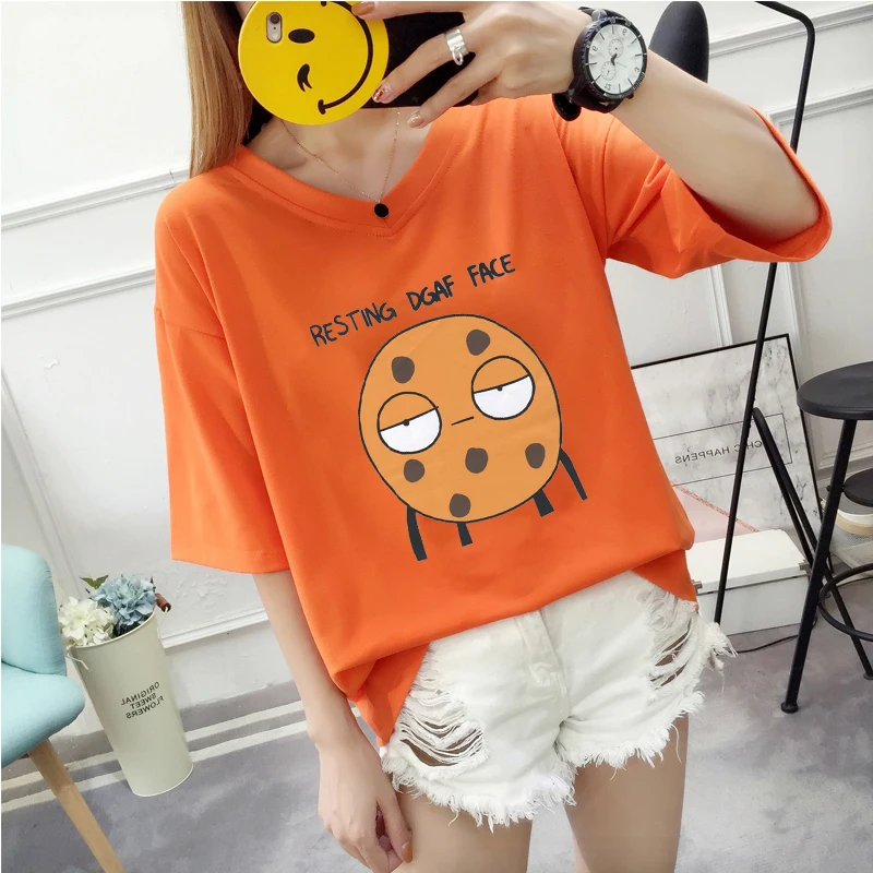 

2019 Summer New Women's T-shirt Korean Fashion Cartoon Print Loose Large Size Casual Female Tshirts V-Neck Short Sleeve Tops