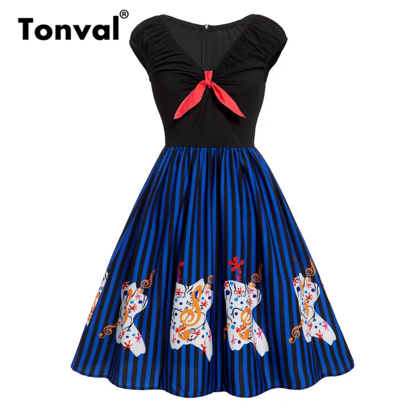 

Tonval Blue Striped Pin Up Style Tie Neck Summer Dress Women Cap Sleeve Pleated Black Robe Vintage Dresses