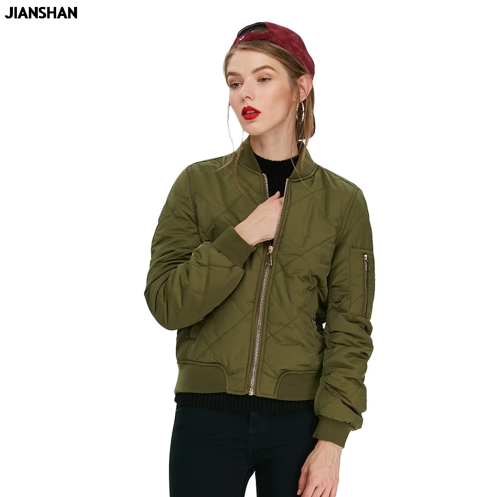 Women Zipper Bomber Jacket Casual Coat Crew Neck Solid Army Green ...