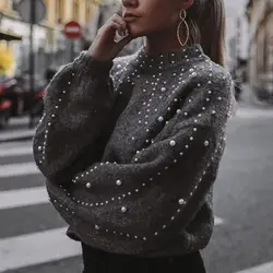 2018 зима Перл Бисер Для женщин свитер трикотажные водолазки теплые свободные джемпер женский Фонари рукавом серый свитера пуловер тянуть