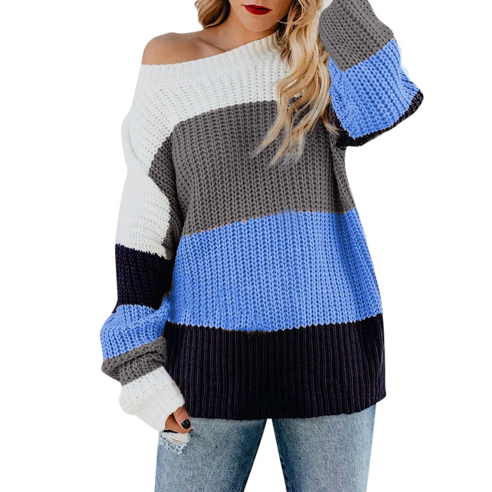 

2019 Autumn Winter Loose Sweater Wide stripe Womens Off The Shoulder Sweater Thin Casual Knitted Long Sleeve Pullover 704