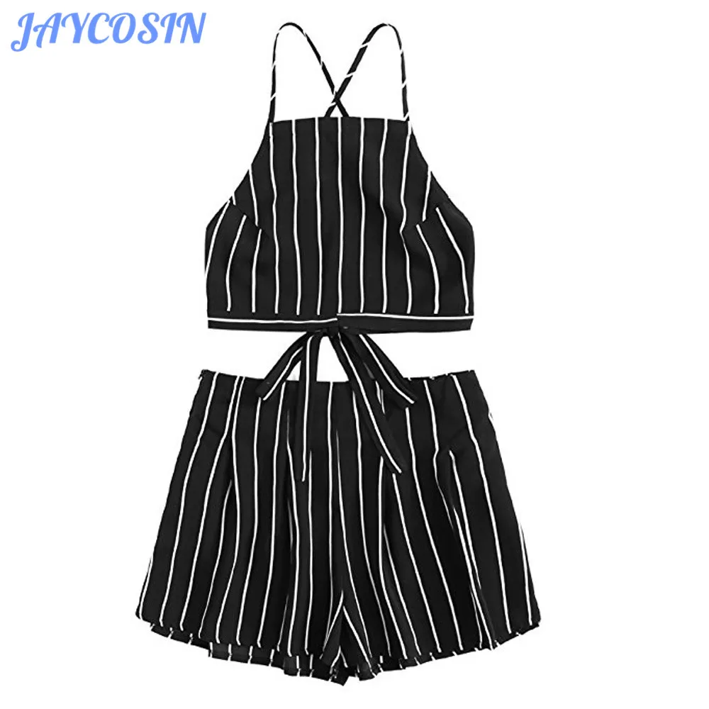 JAYCOSIN Women Set Clothes Sexy Stripe Two Piece Set Bandage Strap Crop Cami Top And Shorts Summer Matching Sets Black White