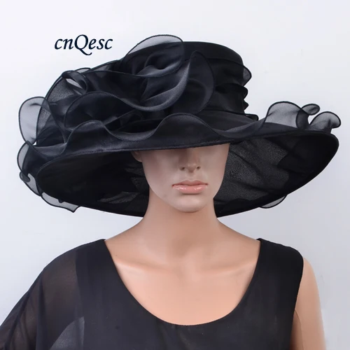 Новые шляпы из органзы с большими полями Свадебные шляпы fedora чародей для свадьбы женские шляпы Кентукки Дерби гонки - Цвет: BLACK