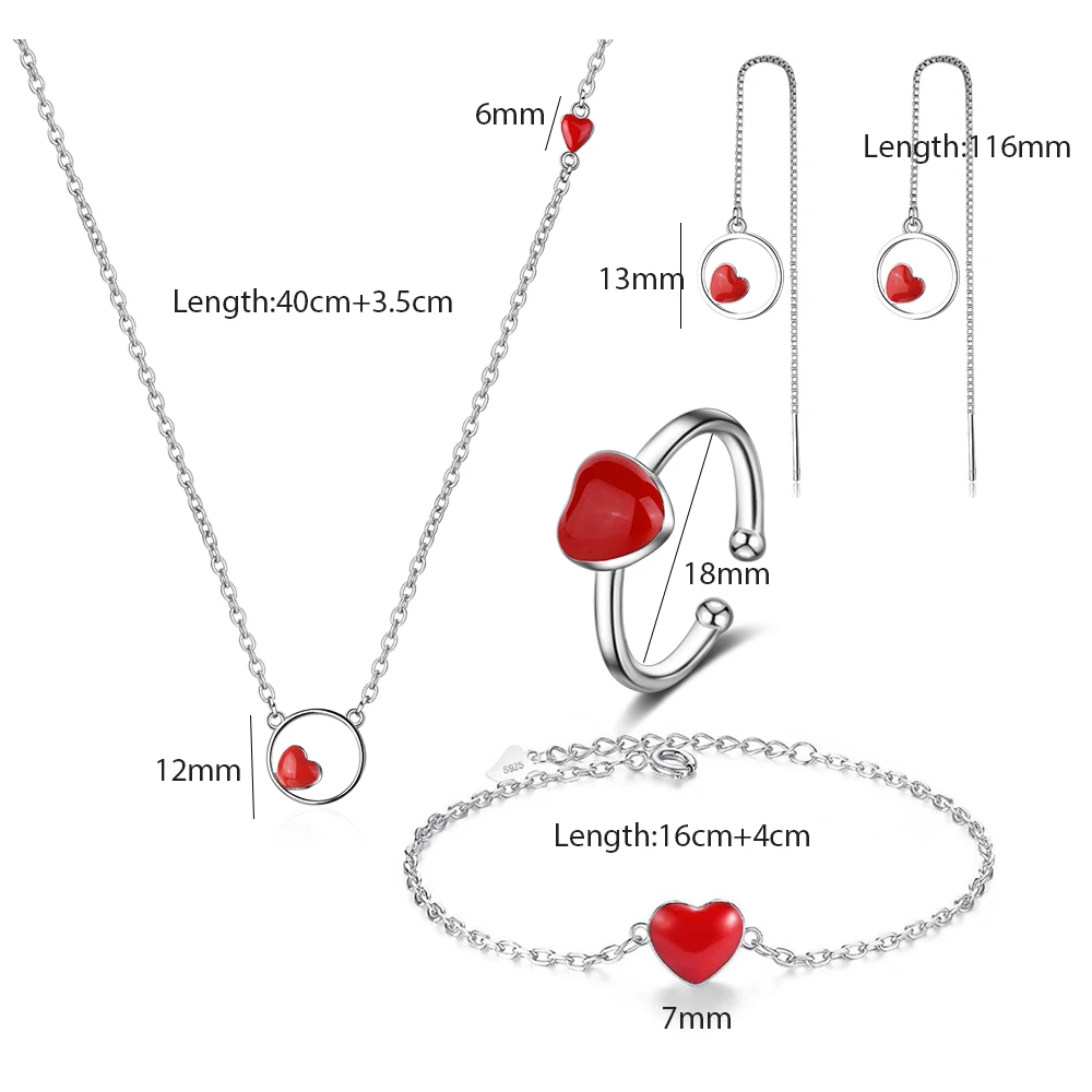 ANENJERY 4 стиля простые 925 пробы серебряные Ювелирные наборы ожерелье Красное сердце+ серьги+ кольцо+ браслет для женщин подарок - Окраска металла: S(N309E773B130R470)
