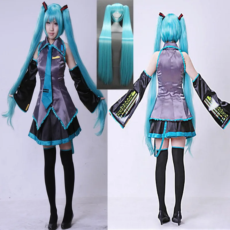 Tanie 7 sztuka Vocaloid hatsune miku przebranie na karnawał hatsune miku kostium pokojówki garnitur peruka zestaw HalloweenJapanese Midi Dress Comic con Party