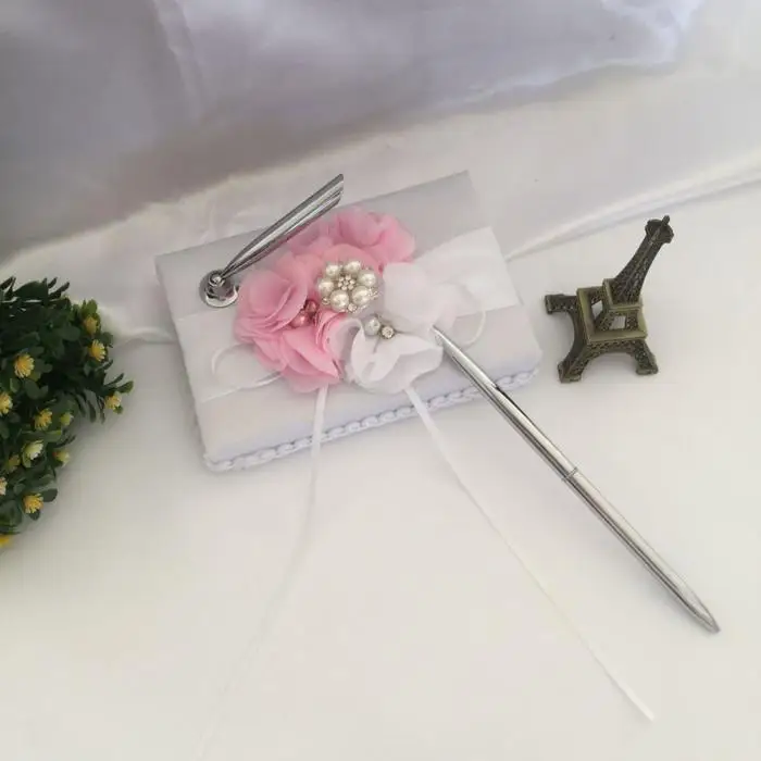 New Hot White Satin Flower Wedding Guest Book Signing Pen Set with Sweet Ribbon Beads SMD66