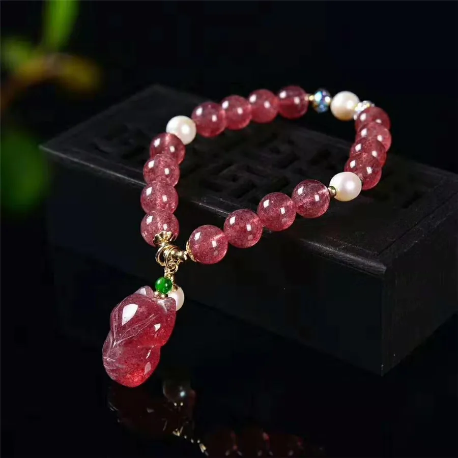 

9mm Charm Fashion Genuine Natural Red Ice Strawberry Quartz Crystal Round Bead Stretch Bracelets 18Kpearl