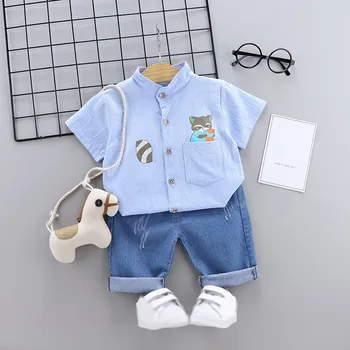 

2Pcs/Set Summer Cute Baby Boys Short Sleeve Cartoon Animal Print Tops Blouse Shirt+Denim Shorts Children Casual Outfits Sets
