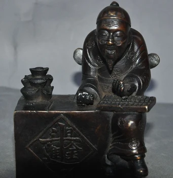 

Old Chinese Folk Bronze Seat Wealth Man moneybags Yuan Bao Abacus Lucky Statue