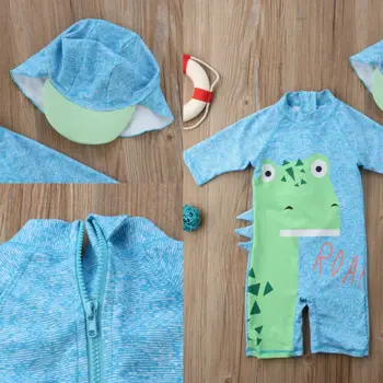 

New Modish Baby Kids Boy Summer Beach Anmial Print Long Sleeve Swimwear Swimsuit Swimming Costume Trunks One-Piece Suits+Hat Set