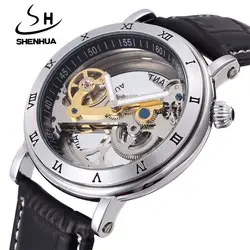 Механические часы Для мужчин модные прозрачные часы SHENHUA автоматические механические Часы с костями кожаный ремешок Relógio Masculino