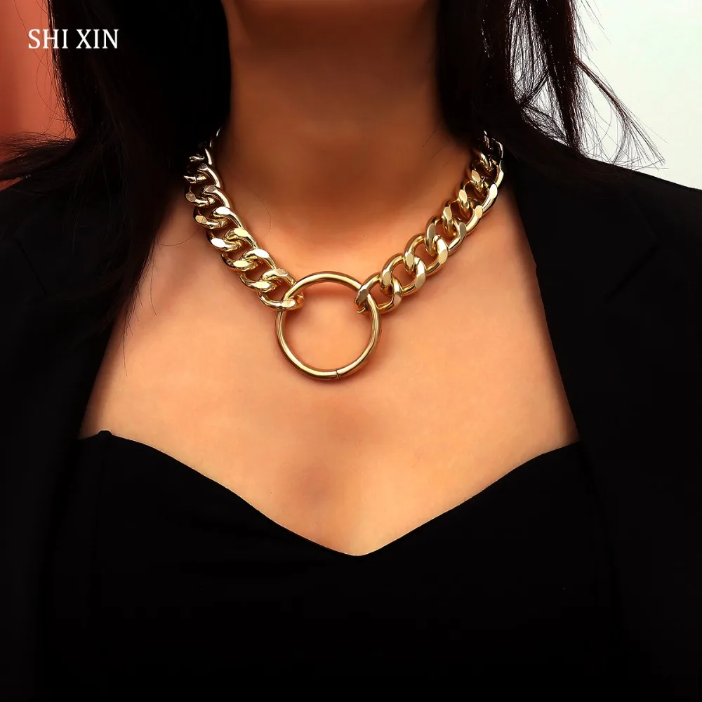 SHIXIN преувеличенные хип-хоп, кубинские толстые звенья цепи колье ожерелья для женщин модные ювелирные изделия хиппи круглый кулон колье для женщин