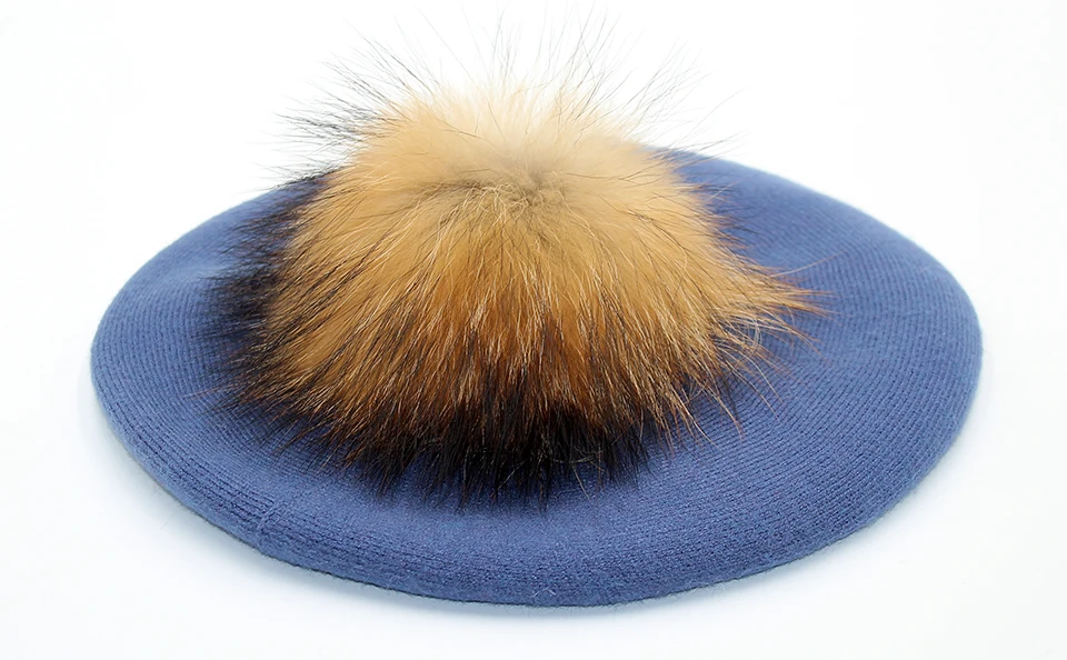 Women Beret Wool Hat Winter Knitted Wool Berets Real Fur Pompom Hats Beanies Female Top Quality Beret Cap (12)