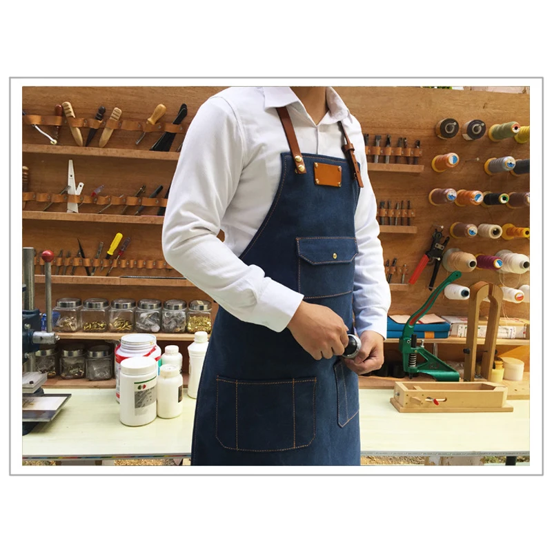 

Practical Working Denim Bib Apron With Leather Strap For Barista Chef Barber Pocket Studio Uniform