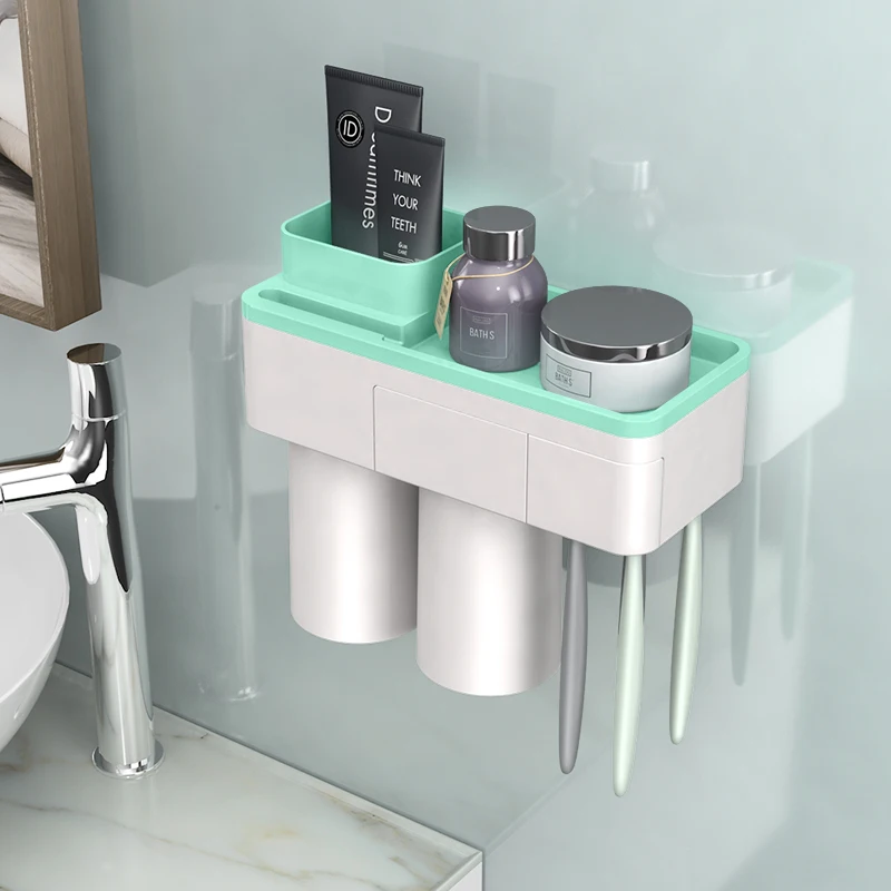 Магнитная Адсорбция перевернутый держатель зубной щетки с чашкой настенное крепление Косметика зубная паста для хранения ванной комнаты Аксессуары для ванной комнаты Набор - Цвет: Green 2 Cups