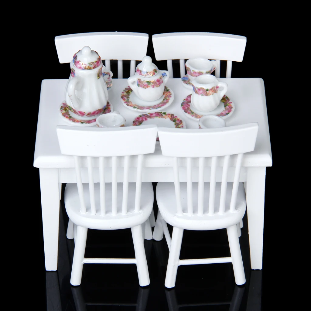 3 Sets 1/12 Dollhouse Miniature Wooden Kitchen Cabinet Table Chair Tea Set Pretend Play Furniture Toys for Children Gift Collect