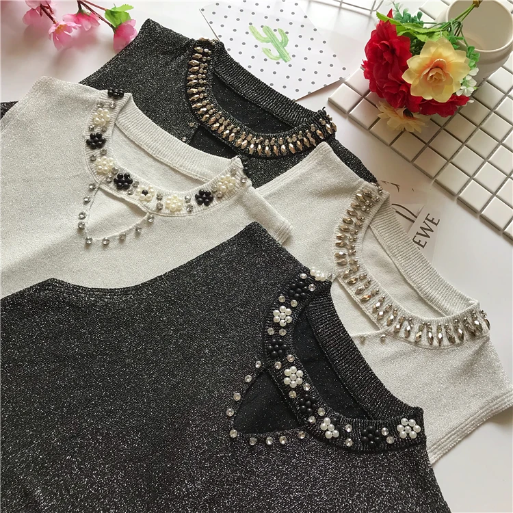 

Baharcelin Women Girl Summer Sleeveless beading tops for women casual T Shirt round neck tops knitted vest girl Camis Tank