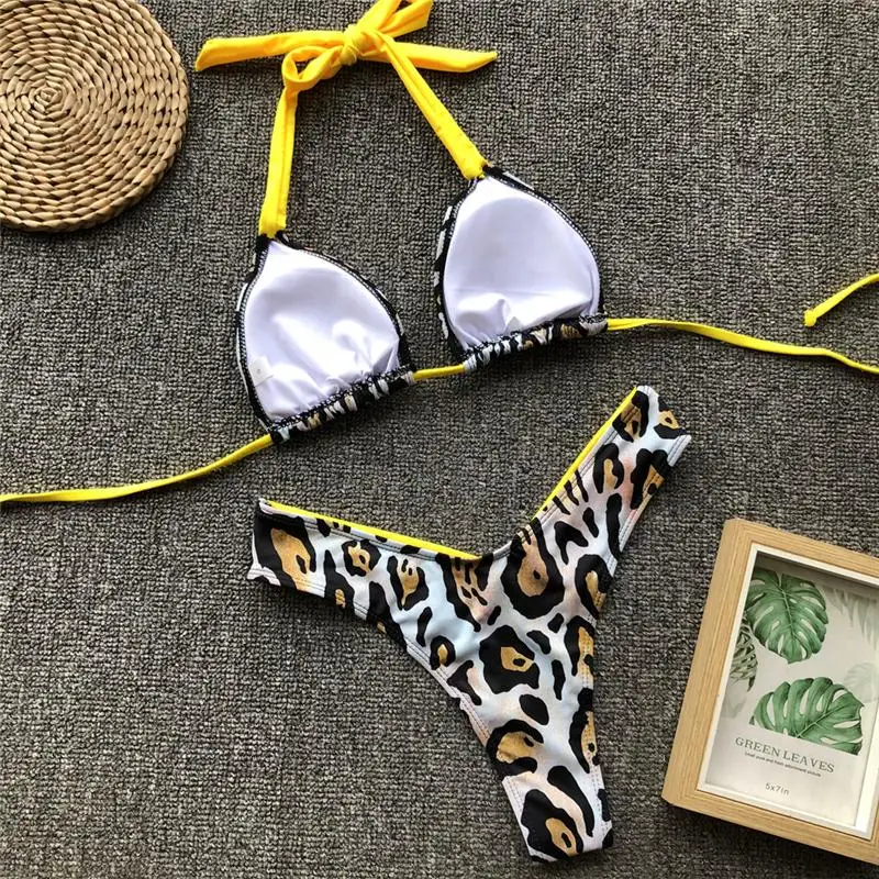 Leopard brazilian bikini Push up thong swimsuit female Halter high cut neon swimwear women bathing suit Micro sexy bikini