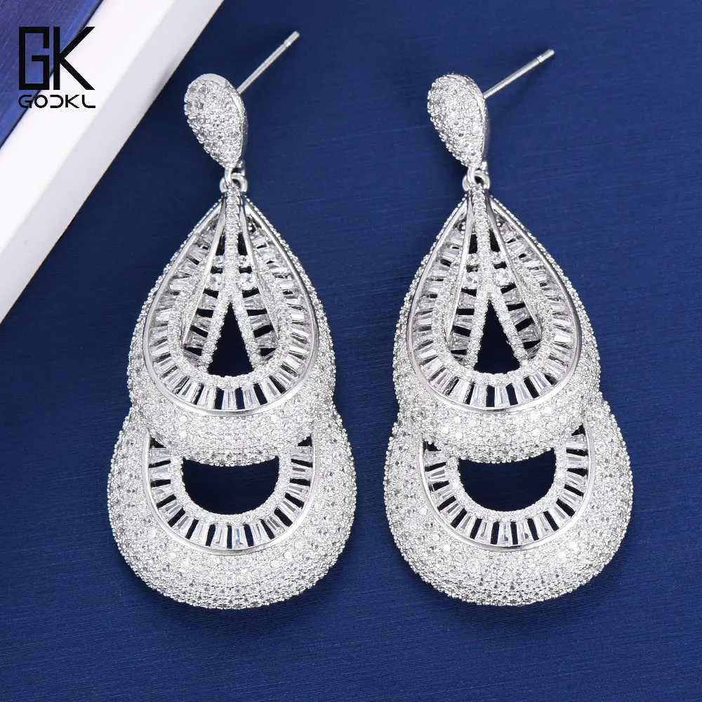 

GODKI 55MM Water Drop Luxury Full Mirco Cubic Zirconia Paved Dangle Drop Earring For Women Wedding African Silver Long Earrings
