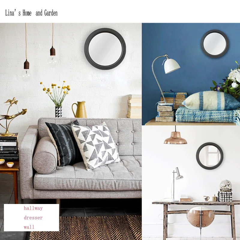 cement alike antique round wooden framed wall mirror