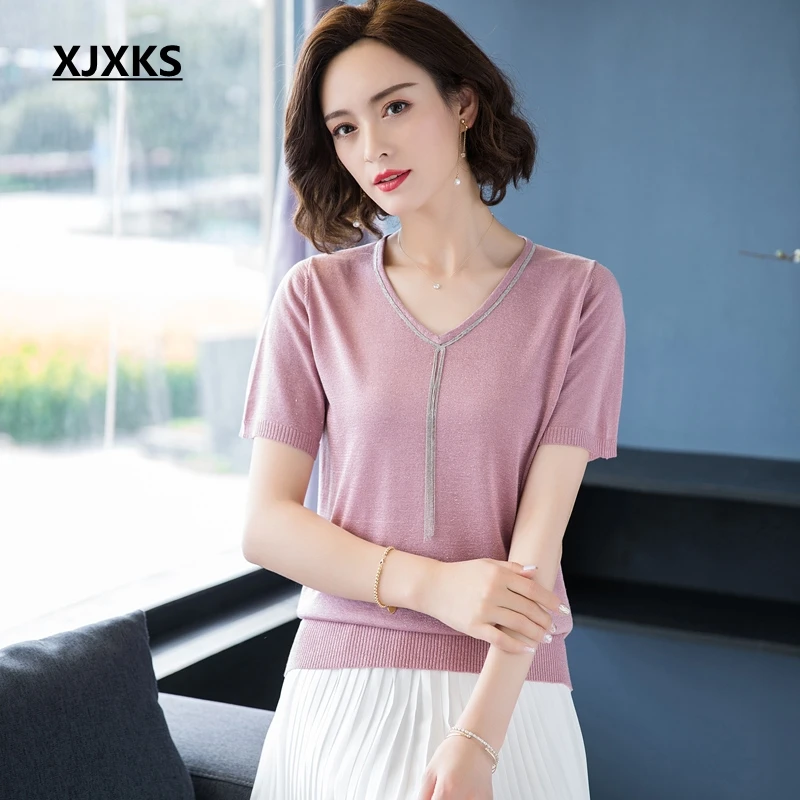 

XJXKS Knitted T-shirt High Quality Tee Shirt Femme Ulzzang Knitted short sleeve T Shirt Women Summer Top