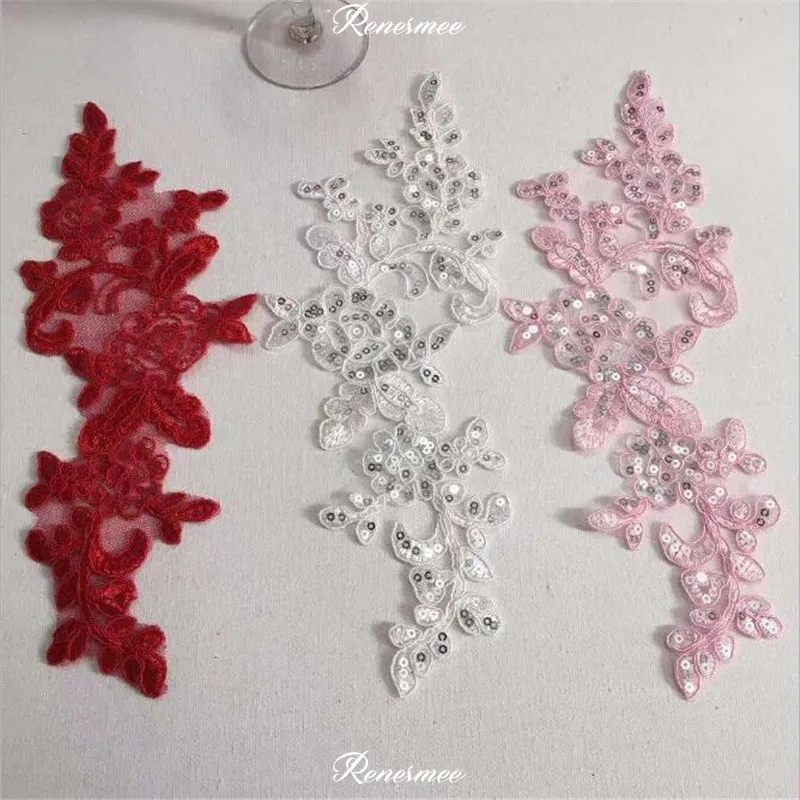 

6Pcs 26.5X8cm Red Ivory Pink Sequins Venise Lace Trim Wedding Sewing Applique Crafts Lace Fabric For Wedding Dress Decoration