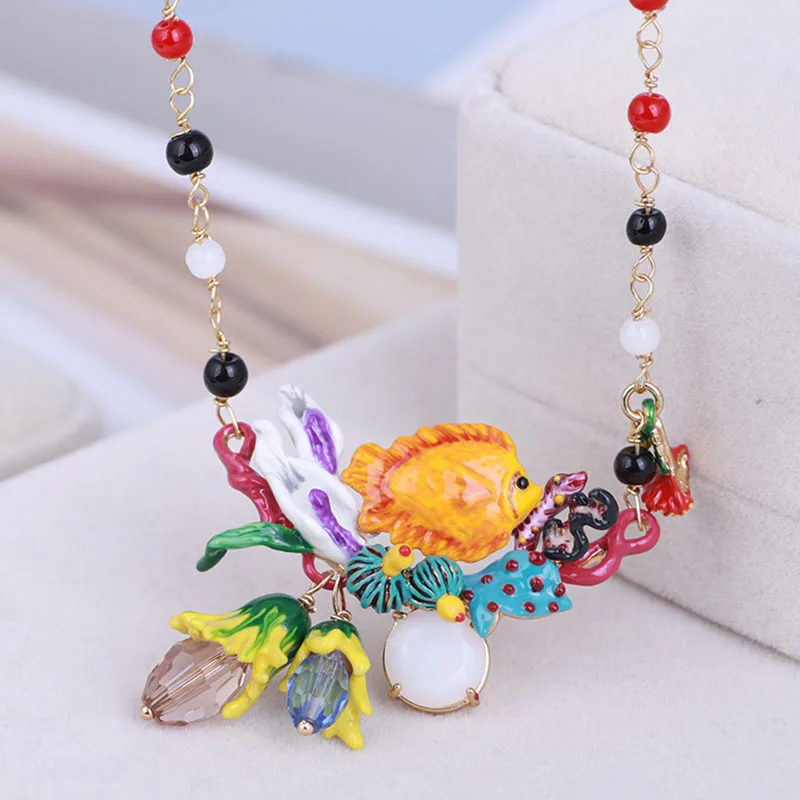 

Enamel Glaze Fish Gem Flower Necklace For Women Party Jewelry Luxury Marine Life Series Coral