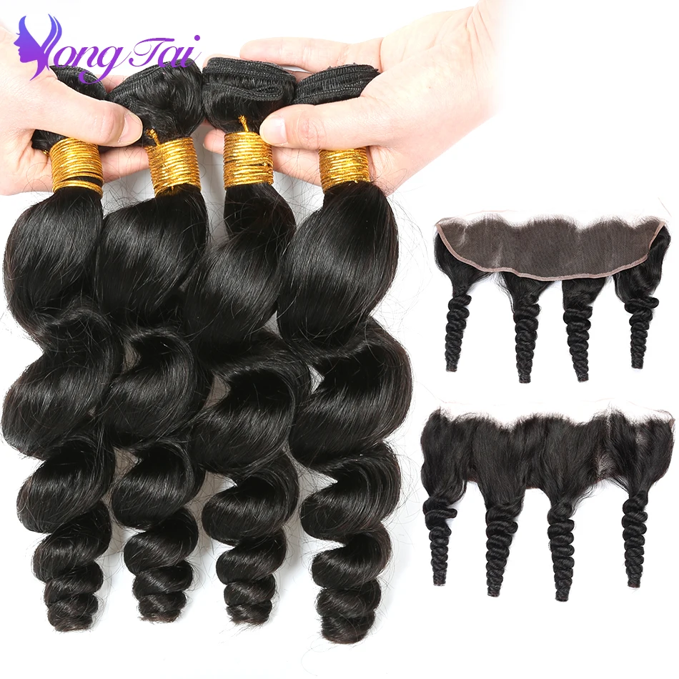 

YuYongTai Raw Indian Loose Wave hair Bundles with Closure Non Remy Hair Extension Loose Wave Lace frontal Closure with Bundles