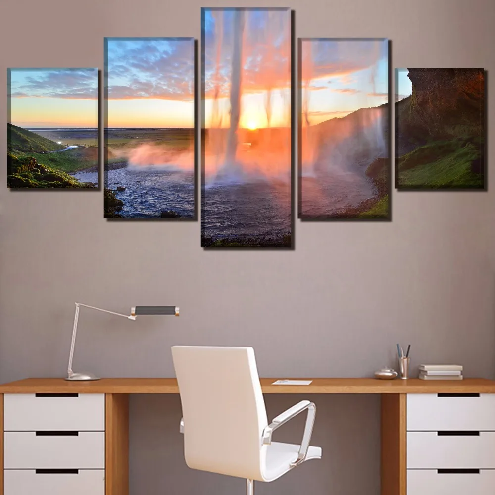 

5 Pieces Canvas Prints Landscape Waterfall Iceland Painting For Living Room Home Decor Poster Wall Art Modular Framework Picture