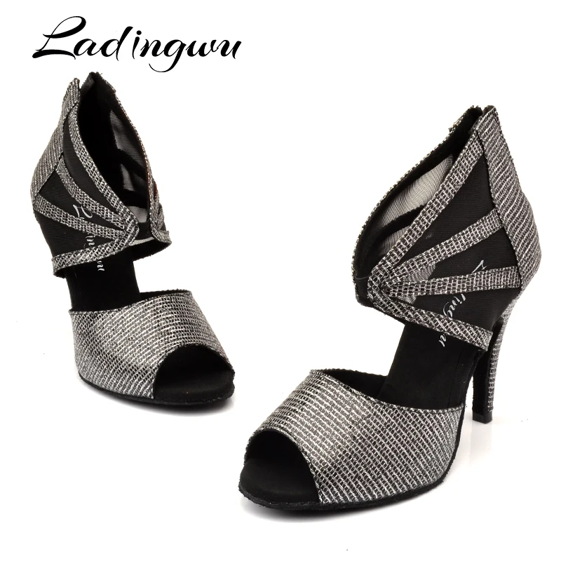 Ladingwu Dance Boots Latin Women Dance Shoes Gray Flash Cloth Salsa Dance Shoes For Women Ballroom Shoes Dancing