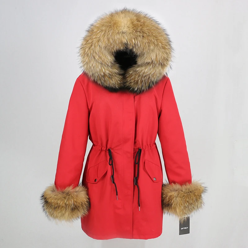 OFTBUY, пальто с натуральным мехом, зимняя куртка, Женская длинная парка, воротник из натурального меха енота, капюшон, Толстая теплая водонепроницаемая верхняя одежда, съемная - Цвет: red natural