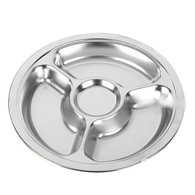 1pcs Stainless Steel Students Grid Dinner Round Divided Plate Plate 4 Sectionsin Dishes