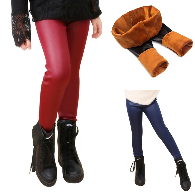 

Winter Children Warm Leggings Thick Velvet High Waist Girl Fake Leather Stretch Slim Pencil Pants Kid Elasitc Trousers M