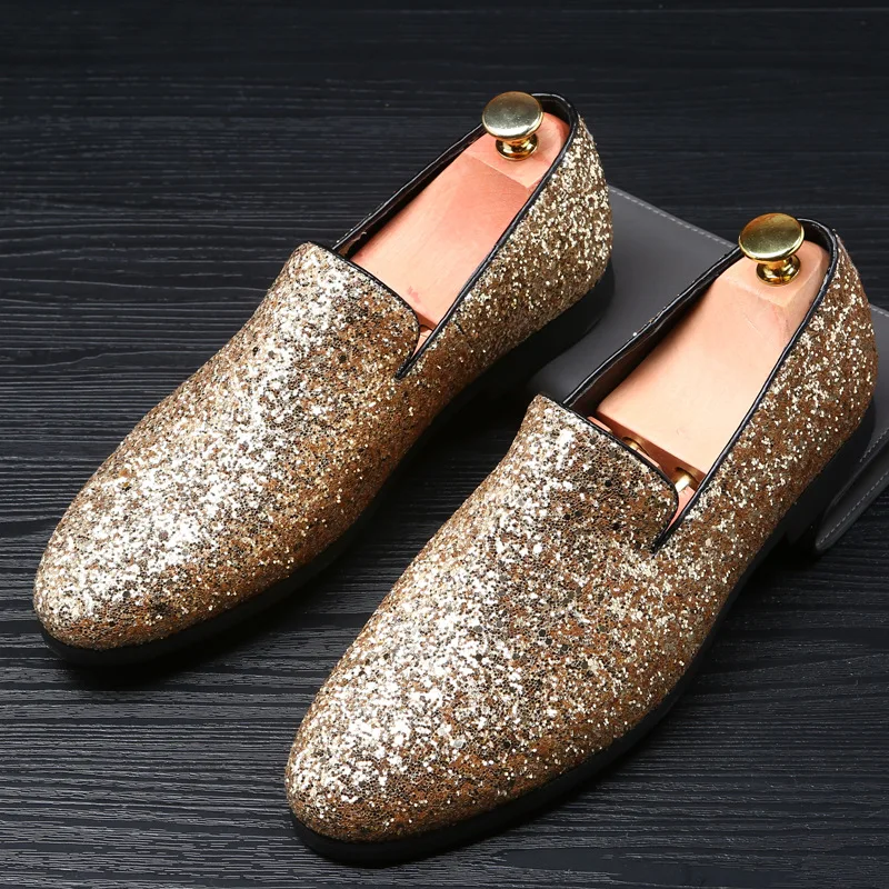 

Gold Mens Shoes Casual Fashion Nightclub Bars Party Superstar Shoes Big Size 38-48 Slip-On Gold Sequin Wedding Mens Loafers