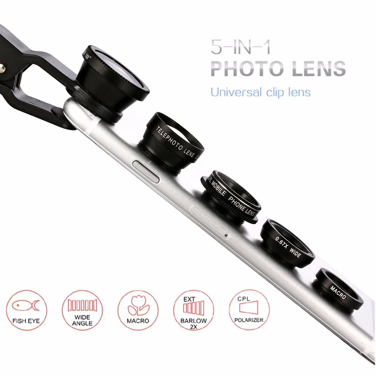

5 in 1 Wide Angle Macro Fisheye Lens Camera Kits Mobile Phone Lens Fish Eye Lenses Clip for iPhone for Samsung All Cellphone