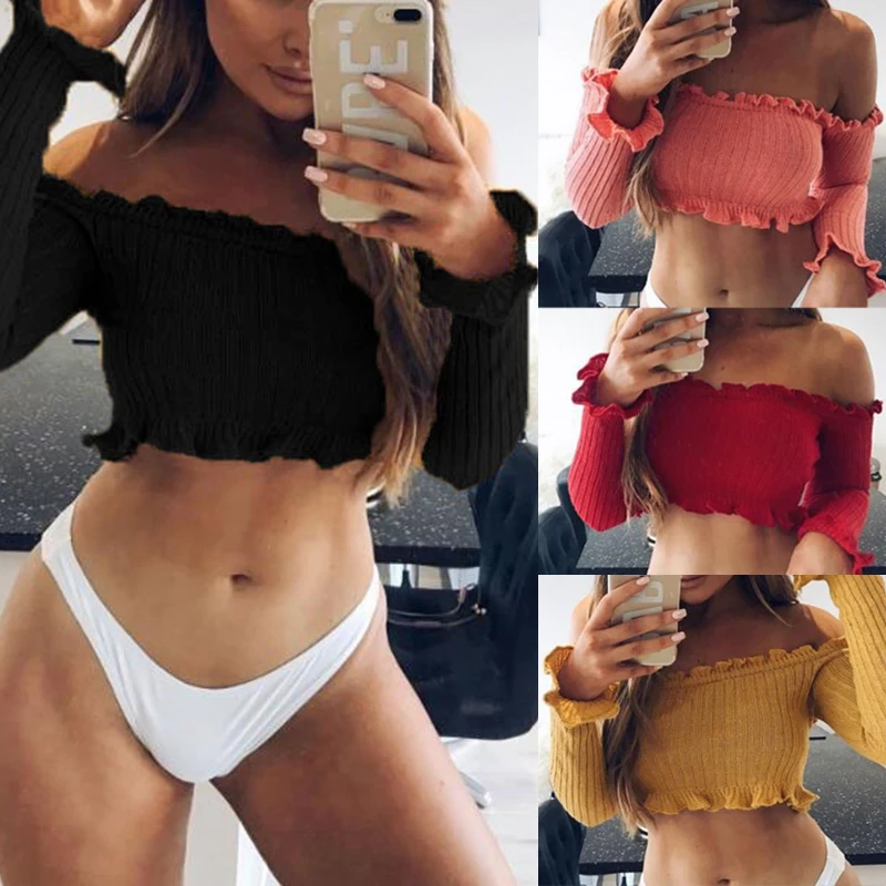 New Women's Ladies Off Shoulder Frill Bardot Jumper Ribbed Long Sleeve Crop Tops