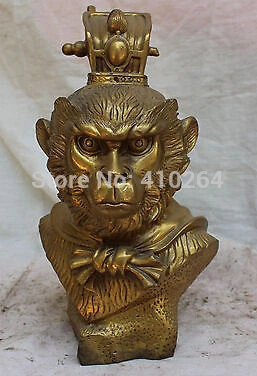 

10" Chinese Bronze xiyouji Monkey King Famous Myth Sun Wukong Head Bust Statue
