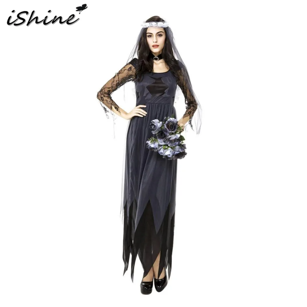 Black Lace Edge Gauze Ghost Bridal Gown Women's Halloween Cosplay